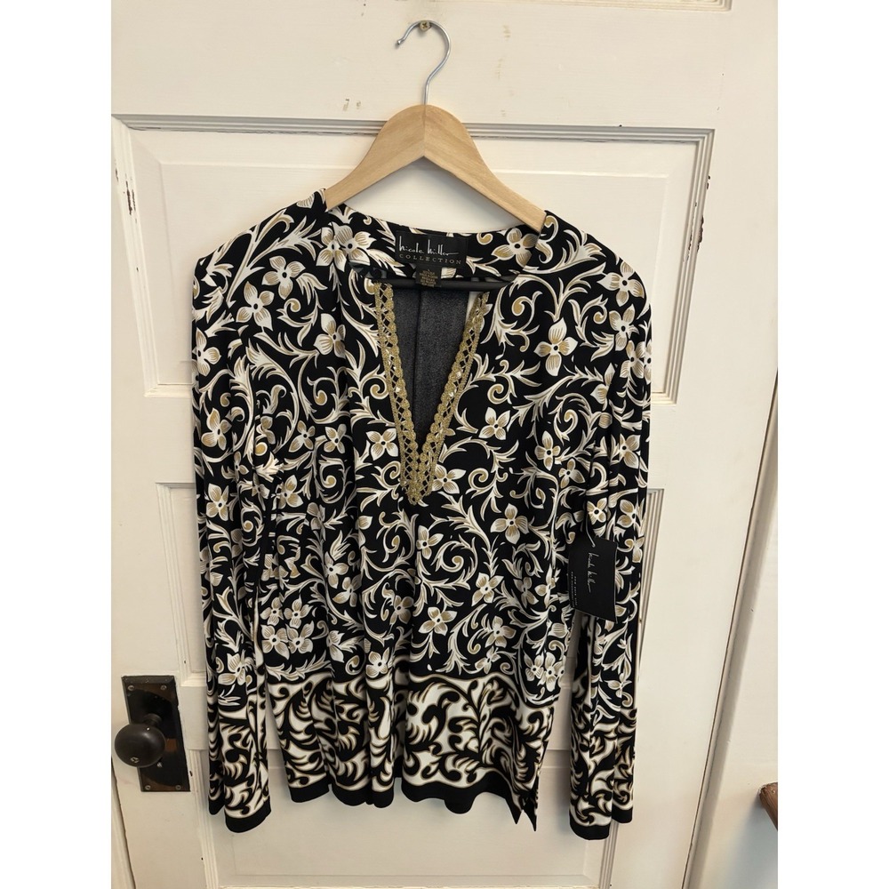Nicole‎ Miller Collection Women's Black Floral Silk Blouse Size Large New